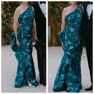 Teri Jon Teal One-Shoulder Side-Ruffle Gown for Black Tie/MOTB/MOTG